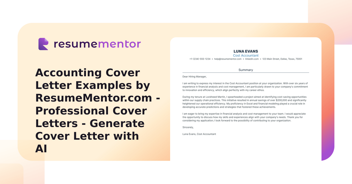 Accounting Cover Letter Examples by ResumeMentor.com - Professional ...