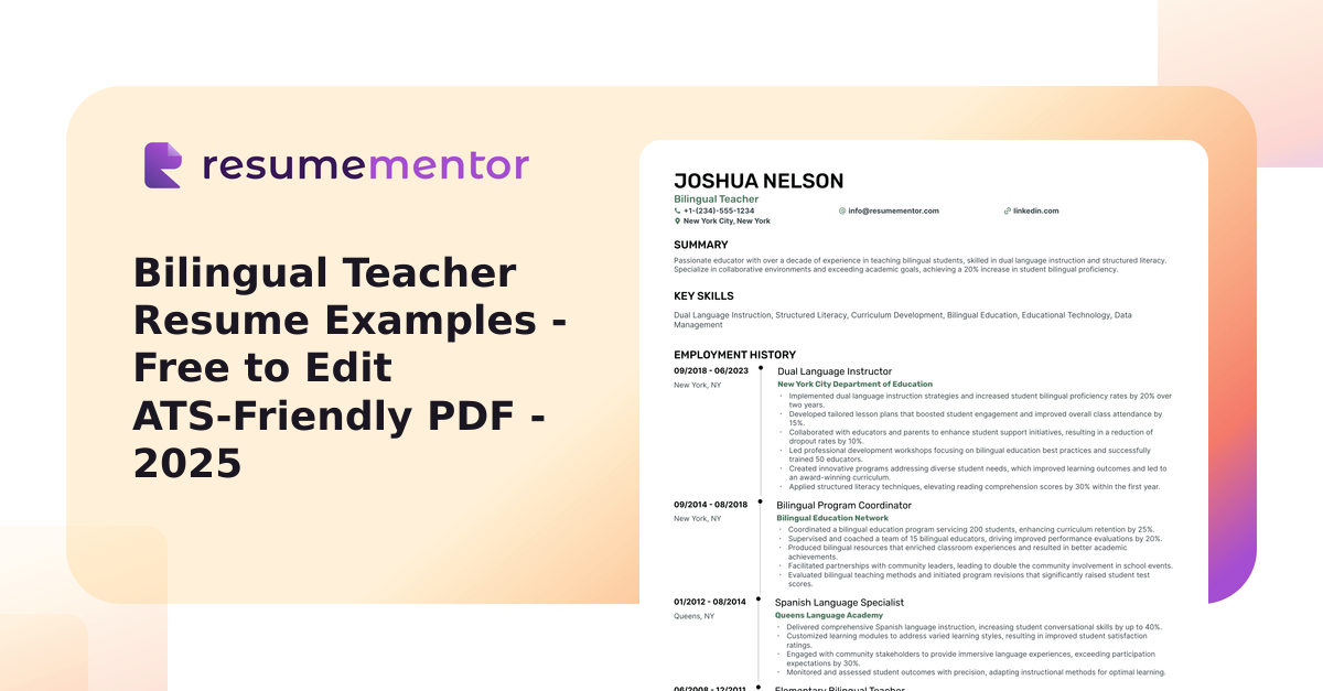 bilingual-teacher-resume-examples-free-to-edit-ats-friendly-pdf-2025 for Free Learning Style Assessment Printable Bilingual Teacher Resume Examples - Free to Edit ATS-Friendly PDF - 2025 for Free Learning Style Assessment Printable