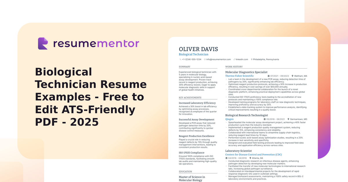 Biological Technician Resume Examples - Free to Edit ATS-Friendly PDF ...
