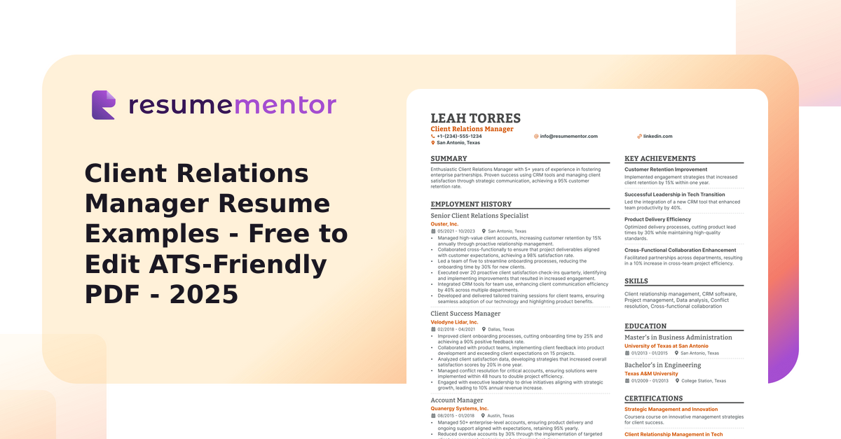 Client Relations Manager Resume Examples - Free to Edit ATS-Friendly ...