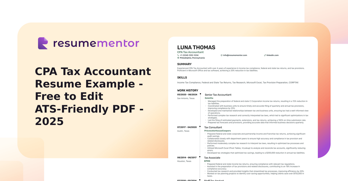CPA Tax Accountant Resume Example - Free to Edit ATS-Friendly PDF - 2025