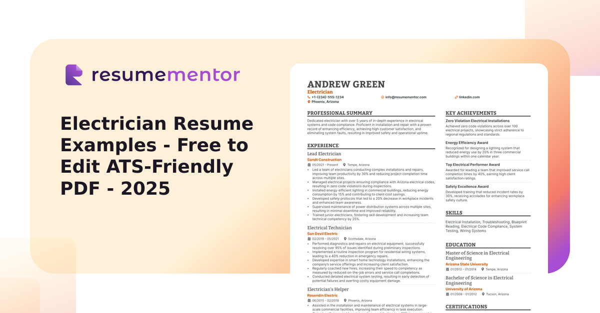 Electrician Resume Examples - Free to Edit ATS-Friendly PDF - 2025