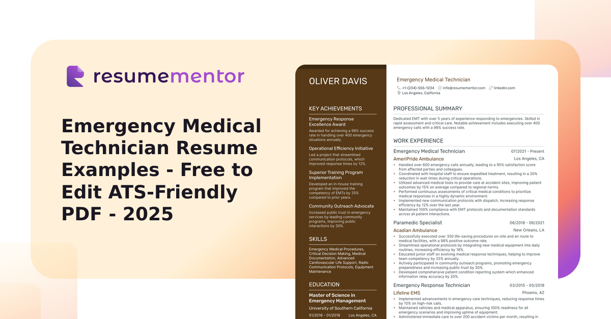 Emergency Medical Technician Resume Examples - Free to Edit ATS ...