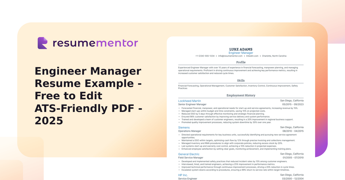 Lockheed Martin Example Engineering Resume Engineer Manager Resume Example - Free to Edit ATS-Friendly PDF - 2025