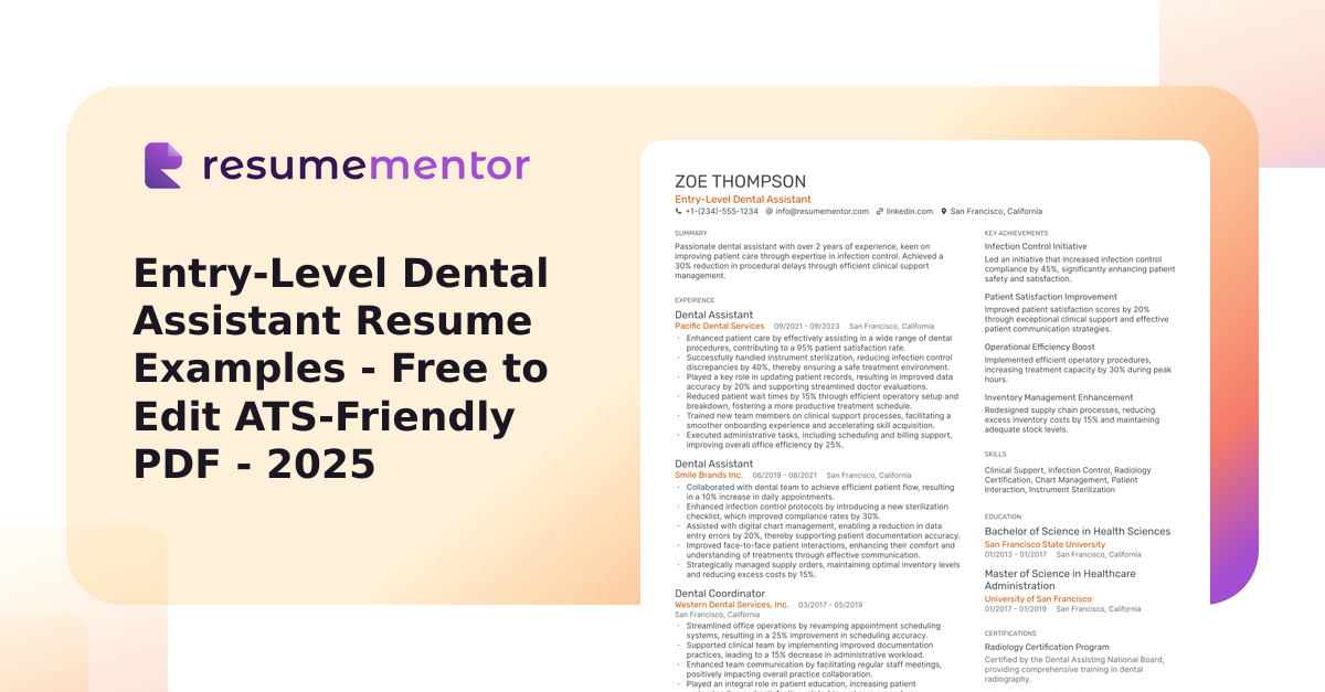 Entry-Level Dental Assistant Resume Examples - Free to Edit ATS ...