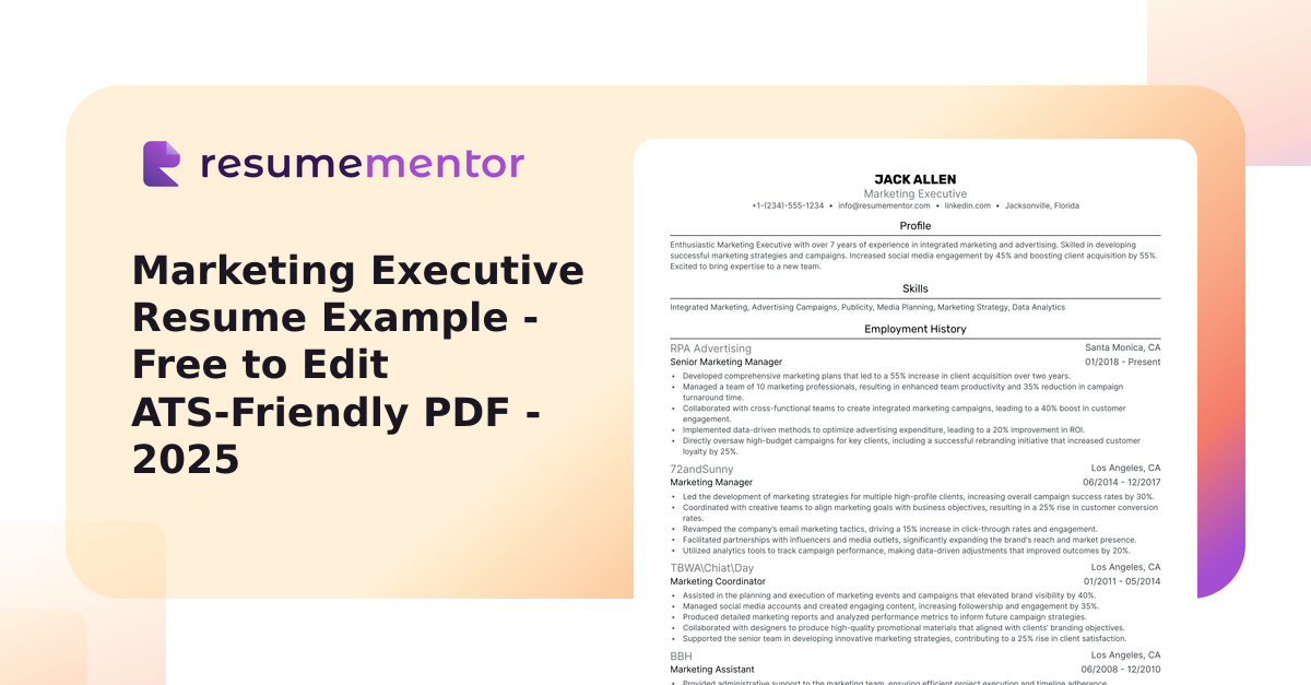 Marketing Executive Resume Example - Free to Edit ATS-Friendly PDF - 2025