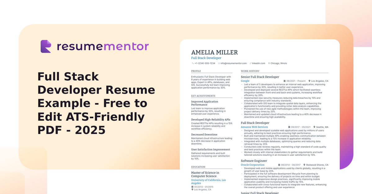 Full Stack Developer Resume Example - Free to Edit ATS-Friendly PDF - 2025