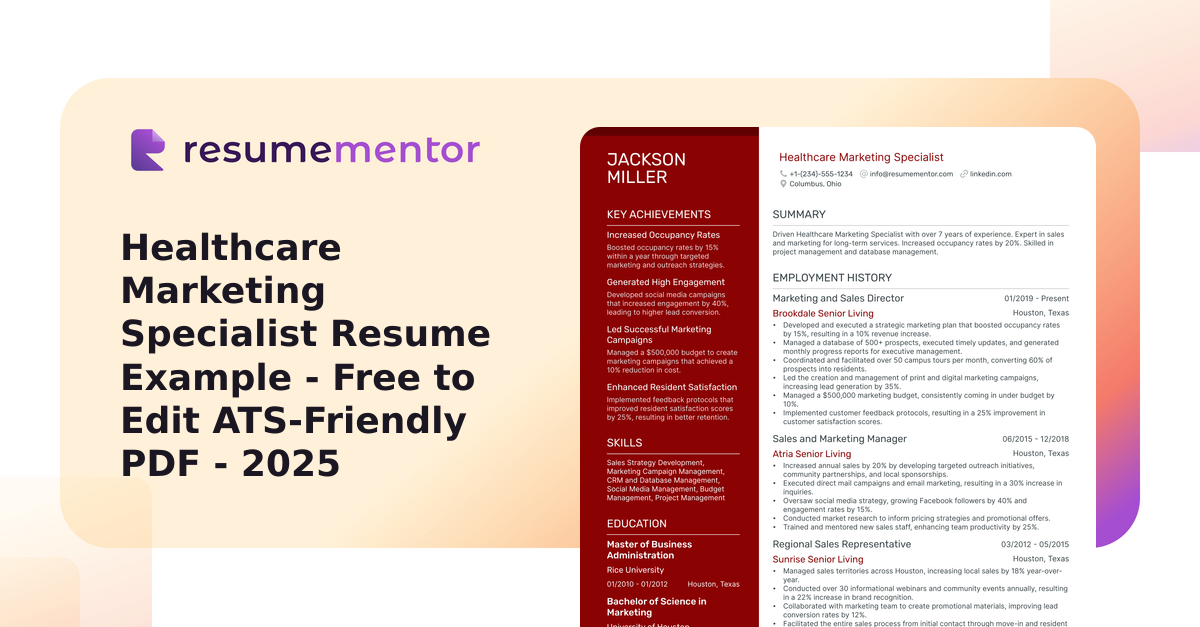 Healthcare Marketing Specialist Resume Example - Free to Edit ATS ...