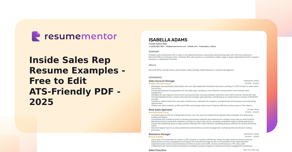 Inside Sales Rep Resume Examples - Free to Edit ATS-Friendly PDF - 2025