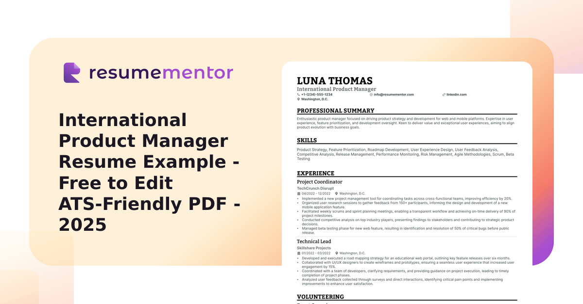 International Product Manager Resume Example - Free to Edit ATS ...