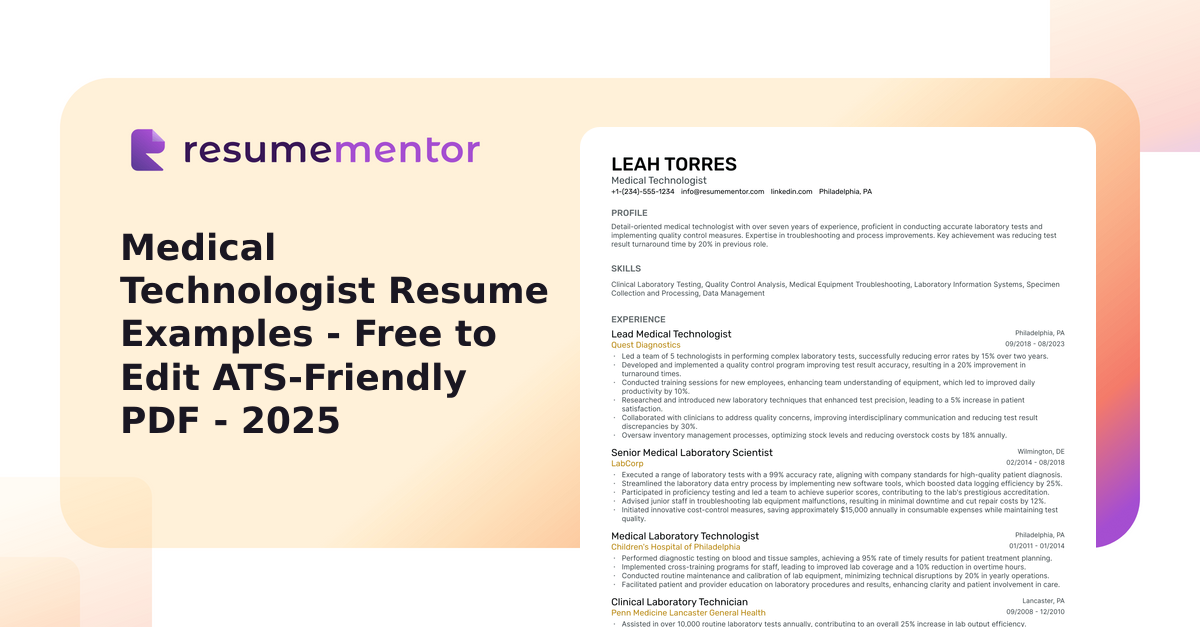 Rtt Resume Examples Medical Technologist Resume Examples - Free to Edit ATS-Friendly PDF - 2025