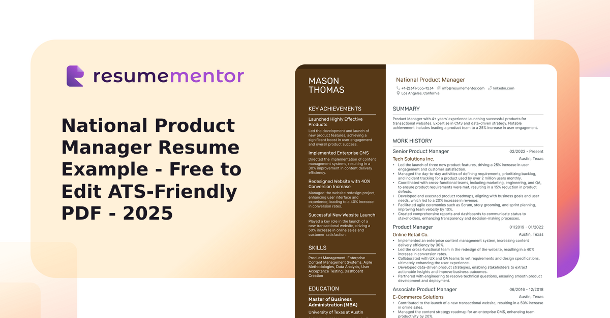 National Product Manager Resume Example - Free to Edit ATS-Friendly PDF ...