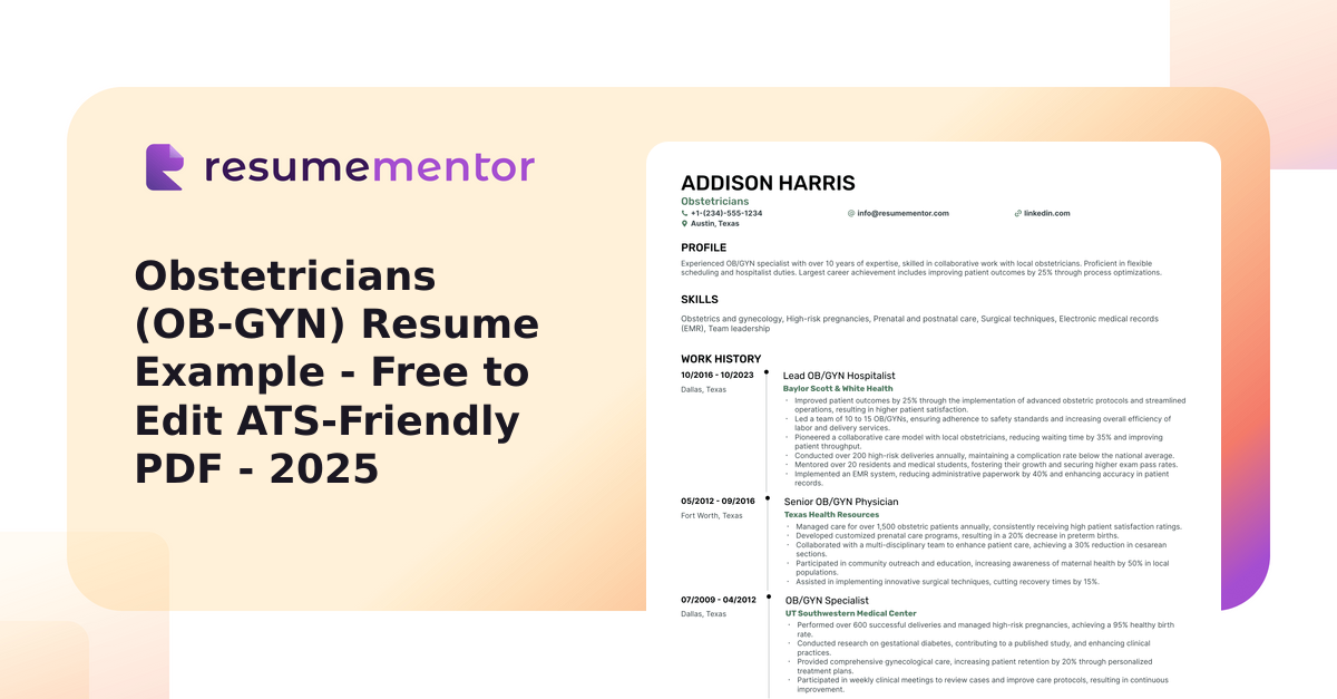 Obstetricians (OB-GYN) Resume Example - Free to Edit ATS-Friendly PDF ...