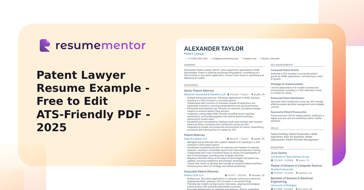 Patent Lawyer Resume Example - Free to Edit ATS-Friendly PDF - 2025
