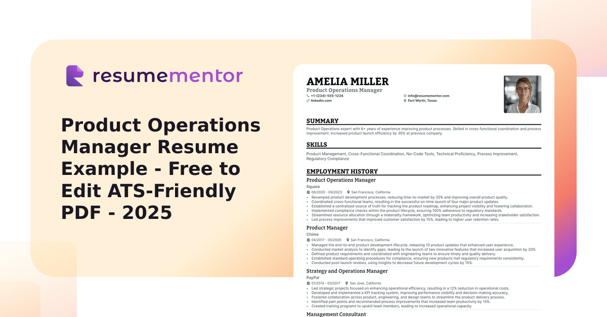 Product Operations Manager Resume Example - Free to Edit ATS-Friendly ...