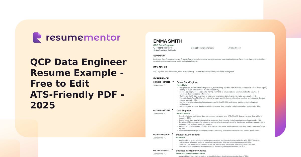 QCP Data Engineer Resume Example - Free to Edit ATS-Friendly PDF - 2025