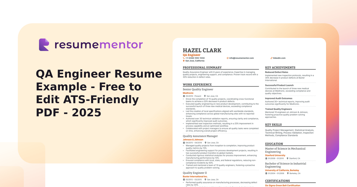 QA Engineer Resume Example - Free to Edit ATS-Friendly PDF - 2025