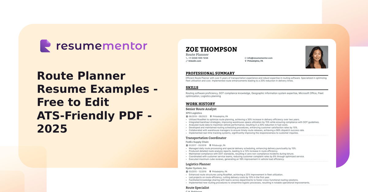 Route Planner Resume Examples - Free to Edit ATS-Friendly PDF - 2025