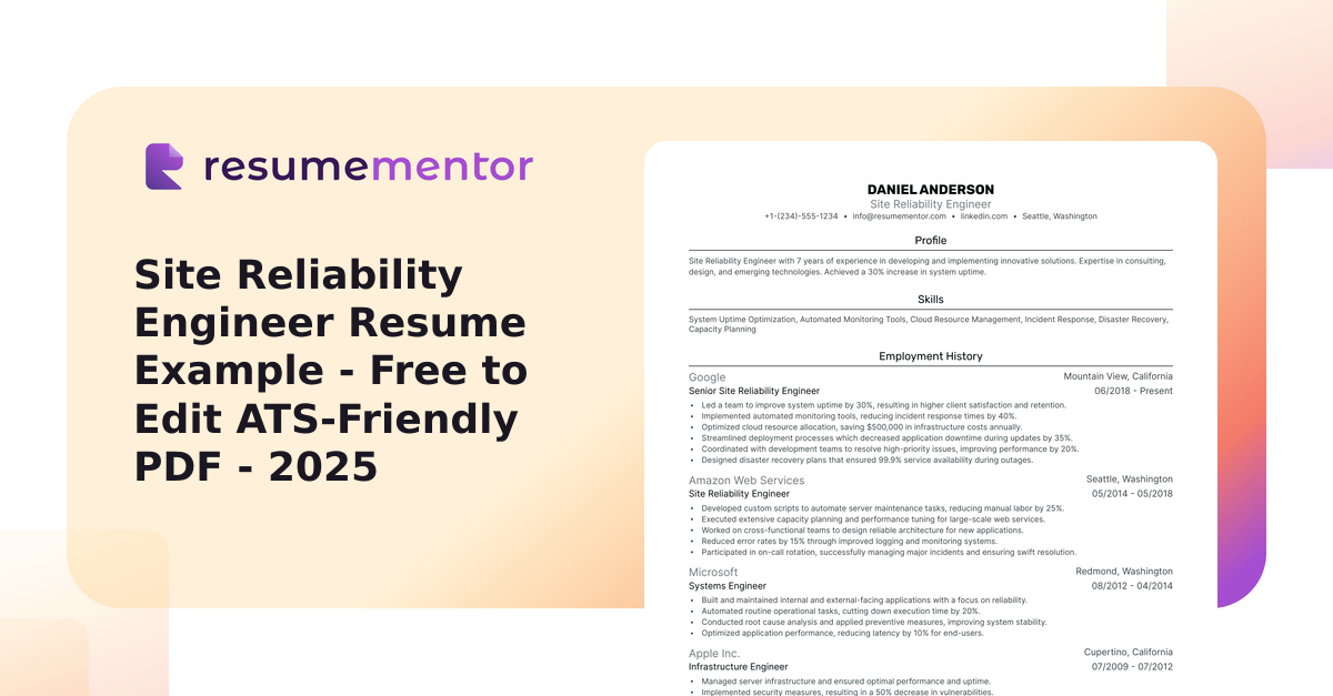 Site Reliability Engineer Resume Example - Free to Edit ATS-Friendly PDF - 2025