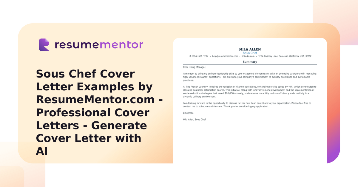 Sous Chef Cover Letter Examples by ResumeMentor.com - Professional ...