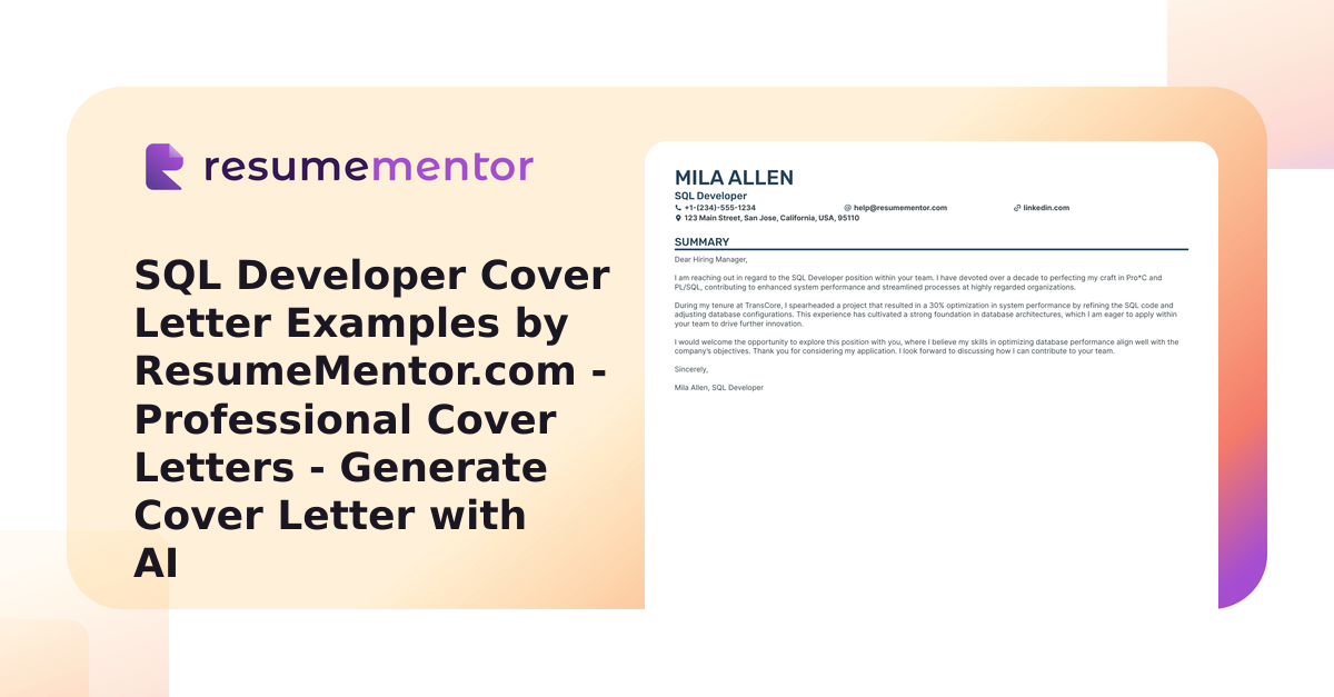 SQL Developer Cover Letter Examples by ResumeMentor.com - Professional ...