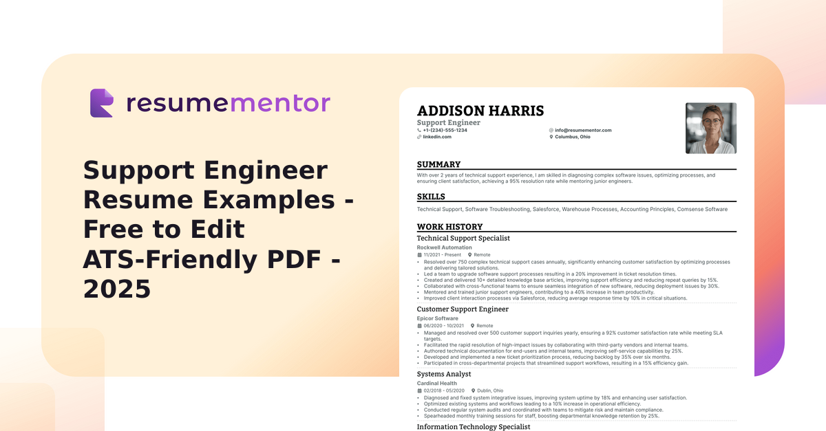 Support Engineer Resume Examples - Free to Edit ATS-Friendly PDF - 2025