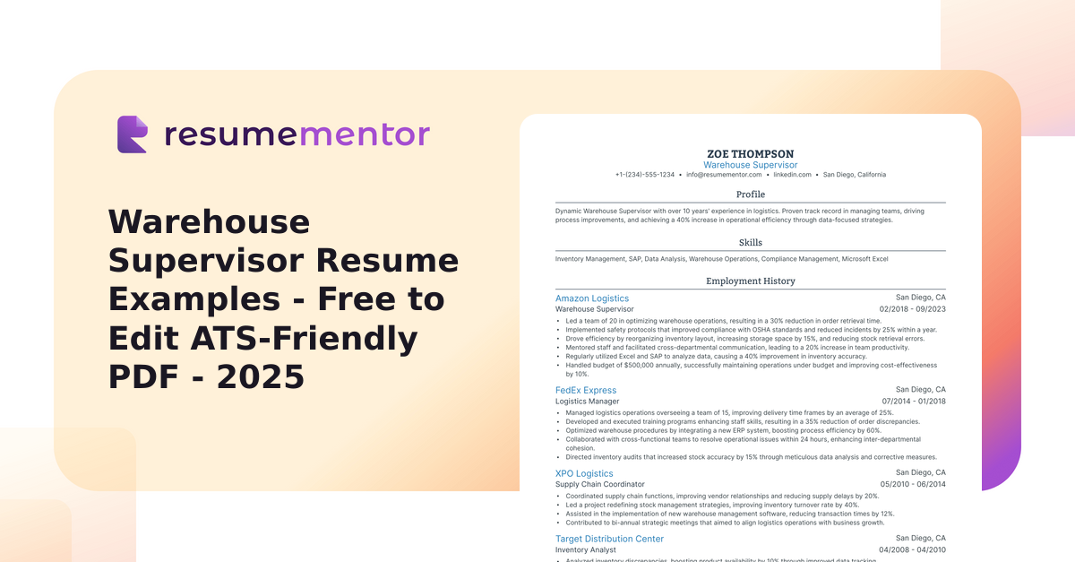 Warehouse Supervisor Resume Examples - Free to Edit ATS-Friendly PDF - 2025
